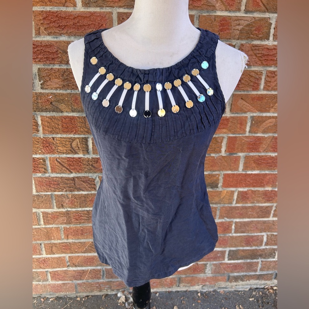 Tory Burch Linen Tank Top Mirror Sequin Beaded 8
